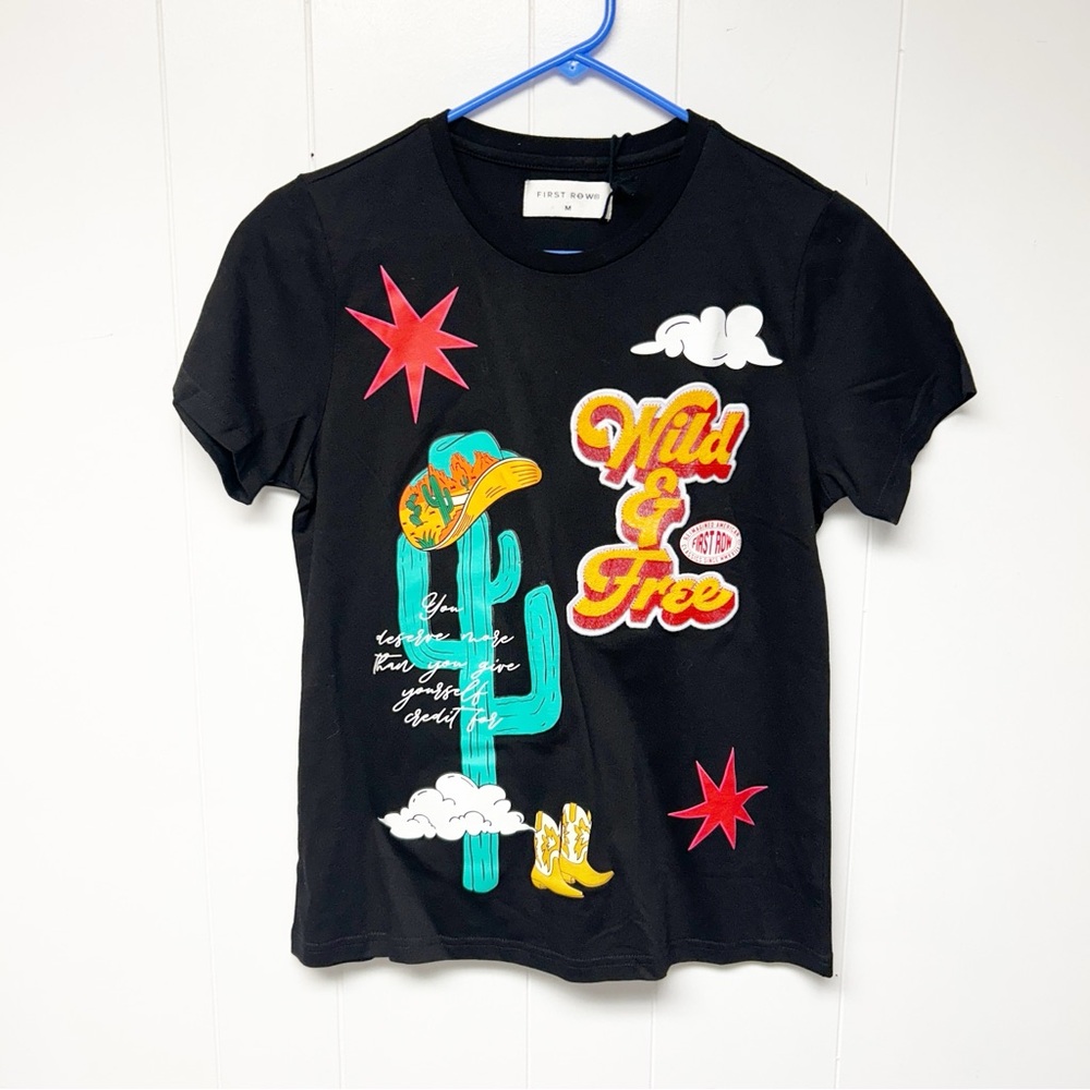 NWT First Row Wild & Free Black Graphic Embroidered Short Sleeve Tee Medium